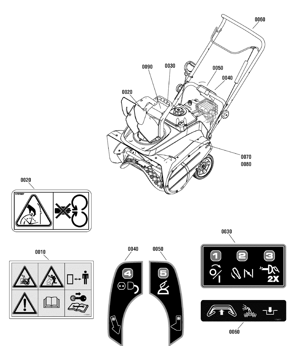 Decals Group Diagram and Parts List for 1695886-MS55800  Briggs and Stratton Snow Blower